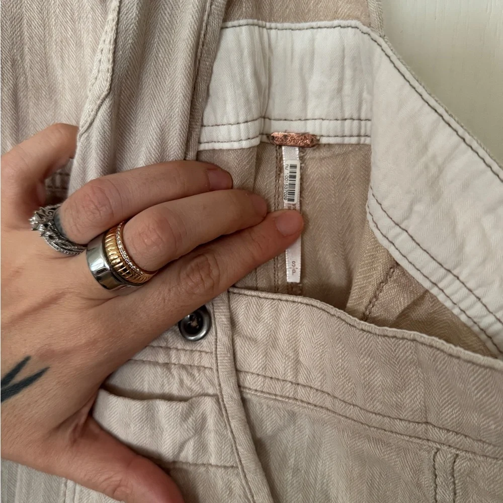 Free People Cream Linen Blend Wide-Leg Overalls